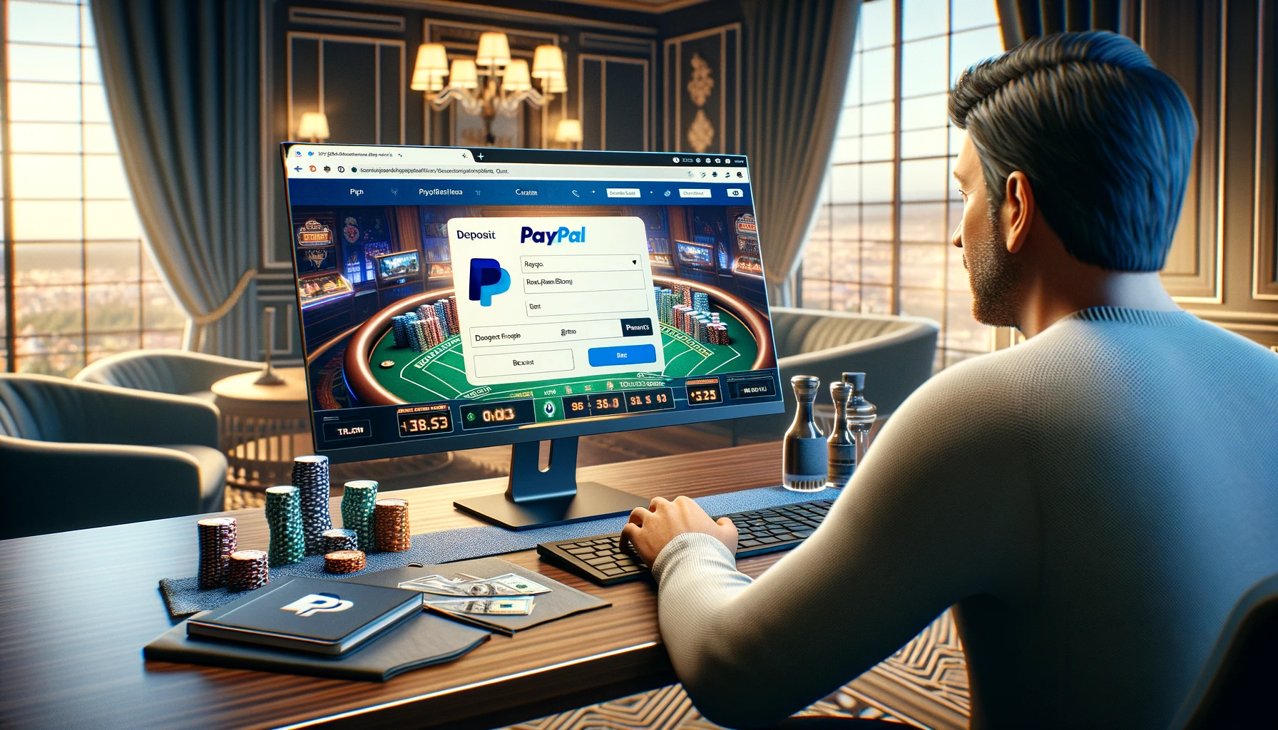Jugador haciendo un depósito en un casino online utilizando PayPal en una ordenador portátil